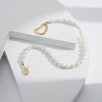 ANJELINA pearl bracelet with heart charm lock gold